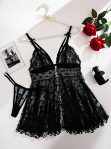 SHEIN 2件套女士性感心形提花网眼蕾丝内衣睡袍套装外出