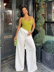 NegzBox Pantalones de pierna ancha de color verde geométrico de longitud completa para mujer, para vacaciones y estilo casual - Blanco - Ver 4