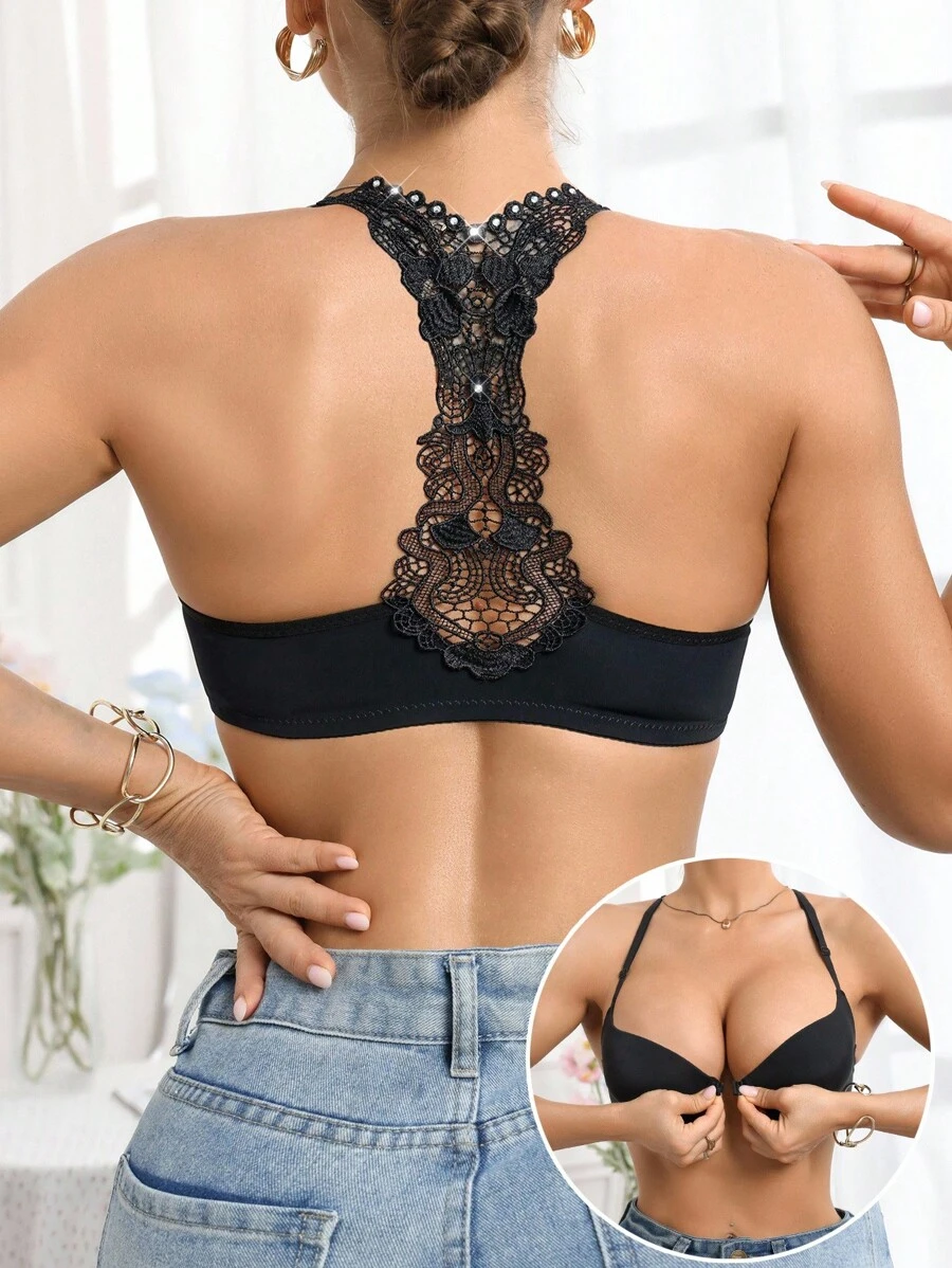 SHEIN Esselle 1pc Women's Minimalist Fashion Front Closure Underwire Bra Lace Bralettes For Women Lace Bra Top Bra For Backless Top Top With Built In Bra - Black - View 1