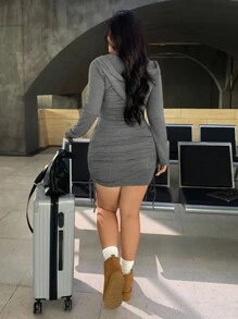 SHEIN EZwear Vestido ajustado con capucha gris casual de talla grande - Gris - Ver 2