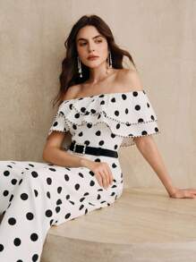 Anewsta 女式夏季新款圆点荷叶边露肩束腰连体裤 - 黑與白 - 查看 5