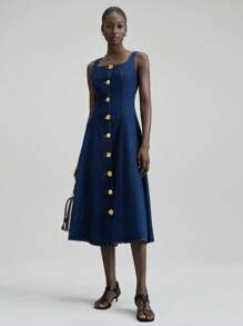 Ontre 2025 秋冬女装，秋冬女装时尚，返校季，万圣节，圣诞节，商务休闲，复古端庄优雅百搭基础款，纳什维尔服饰，方领单排扣无袖牛仔连衣裙 - 深色水洗藍 - 查看 3