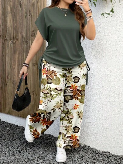 EMERY ROSE 夏季针织面料休闲裤套装圆领多色设计两件套裤女女士两件套裤套装花卉印花两件套，女士度假装