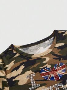 ROMWE J-Fashion Y2K Baddie Abby 国旗和英文水钻迷彩印花紧身女式 T 恤