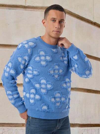 Manfinity Homme Men's Casual Floral Pattern Crew Neck Long Sleeve Sweater, Everyday Wear Men Floral Sweater Men Textured Sweater Old Money Aesthetic , Fall Winter