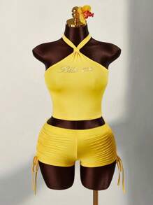 Amplova Bộ 2 chiếc áo yếm đính đá cỡ lớn cho nữ và quần short mini có dây rút - Màu vàng - Xem 10