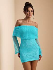 SHEIN BAE Chân váy mini hở một bên vai màu xanh bạc hà, chân váy lưới nhẹ móc cho kỳ nghỉ hè trên bãi biển, váy đi biển thanh lịch - Màu xanh Bạc hà - Xem 4