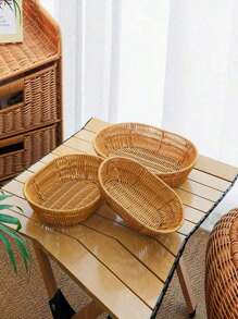 SHEIN 3pcs/1pc Handmade Woven Rattan Tray, Woven Rattan Fruit Basket, Snack Plate, Woven Tray, French Fry Plate, Fried Chicken Plate, Fruit Basket, Woven Oval Shallow Plate, Outdoor Picnic Plate, BBQ Plate, Reusable Portable Tableware For Breakfast, Beverage, Coffee Table, Farm House Decoration And Storage - Yellow Oval Deep - View 4