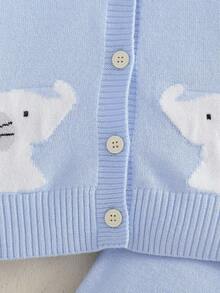 SHEIN 全新秋冬男婴简约卡通大象提花针织开衫和裤子套装 - 舒适、休闲、宽松风格，适合日常穿着和旅行