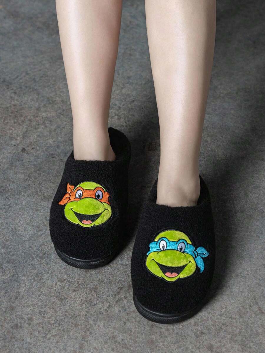 TEENAGE MUTANT NINJA TURTLES | SHEIN 柔软毛绒保暖防滑室内拖鞋冬季家居鞋精美刺绣图案，轻便耐用，男女通用家居卧室空调房春秋季 - 黑色 - 查看 1