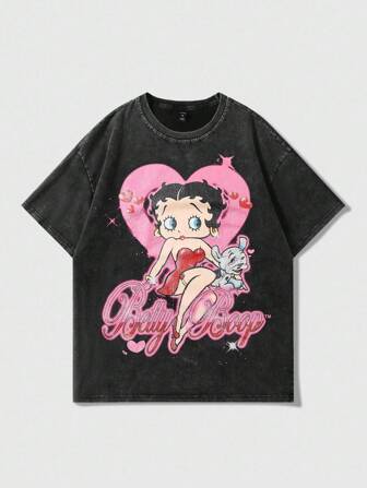 Betty Boop | ROMWE maglietta a maniche corte con grafica in inglese di una ragazza carina e cartoni animati, stile strada americana