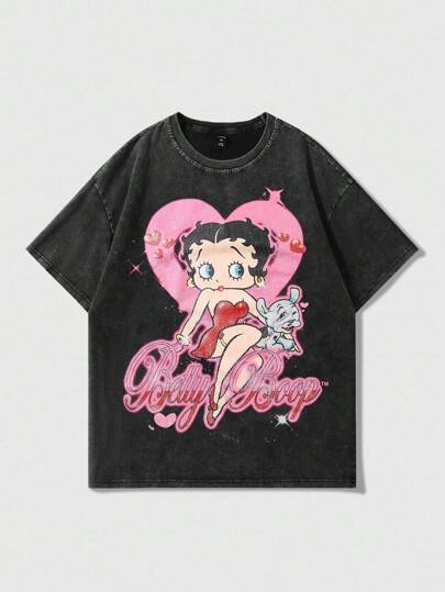 Betty Boop | ROMWE Street American Cartoon Cute Girl English Graphic Short Sleeve T-Shirt