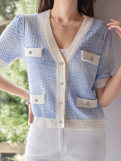 DAZY Blusa de punto elegante de color contrastante para mujer, de verano