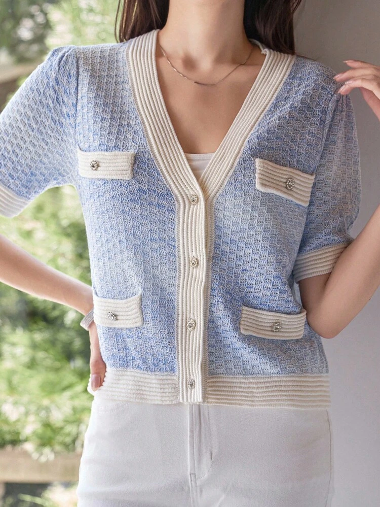 Women's Elegant Contrast Color Knit Top, Summer