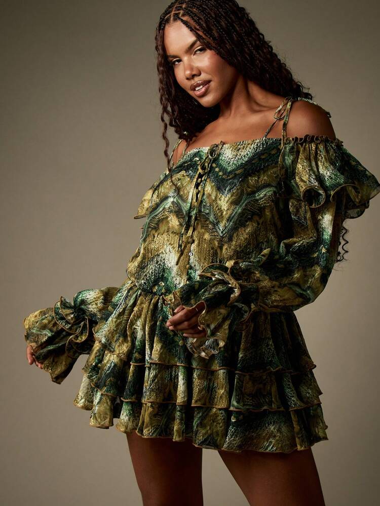 MISSGUIDED Off Shoulder Tie Strap Ruffled Mini Dress With Tiered Skirt Puff Sleeves Victorian Style Flounce Special Occasion Party Evening Garden Wedding Guest Summer Spring