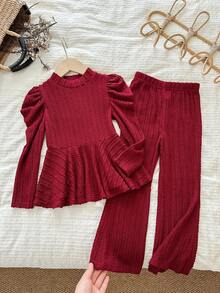 Blossori LMoss 2pcs Tween Girls Solid Color Knit Crew Neck Casual T-Shirt And Flare Pants Set,Christmas Girls Outfits,Christmas,Long Sleeve Top - Red - View 3
