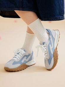 CUCCOO EASI Women's Patchwork Round Toe Thick Sole Casual Sports Shoes, PU Leather, Blue Color, Sports Style For Casual, Outdoor Everyday Wear - Dusty Blue - View 9