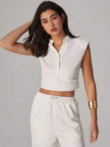 Modelyn 2件套女士无袖褶皱腰上衣和直筒裤 - 米色 - 查看 5