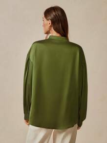 Florisole 女士休闲/办公装褶皱缎面长袖军绿色衬衫 - 軍綠色 - 查看 6