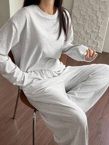 DAZY Simple Solid Color Knit Women Lounge Set, Fall Winter Clothes, Cozy Outfits - Grey - View 1