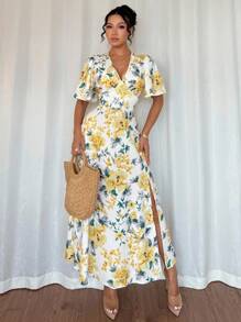 Chiquease 优雅荷叶边V领开衩印花连衣裙，春夏大学校园连衣裙 - 黃色 - 查看 4