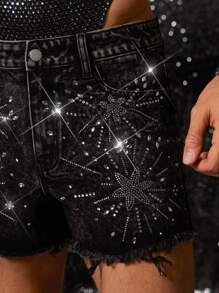 FeverCity Shorts vaqueros casuales y sexys con strass y deshilachados para hombres