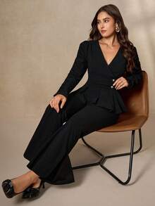 Chikora Plus Size Women's Black 2 Pieces Set,Elegant Autumn Long Sleeve Top And Pants Suit,Formal Business Casual Office Outfits For Dinner Evening Clothes - Black - View 8