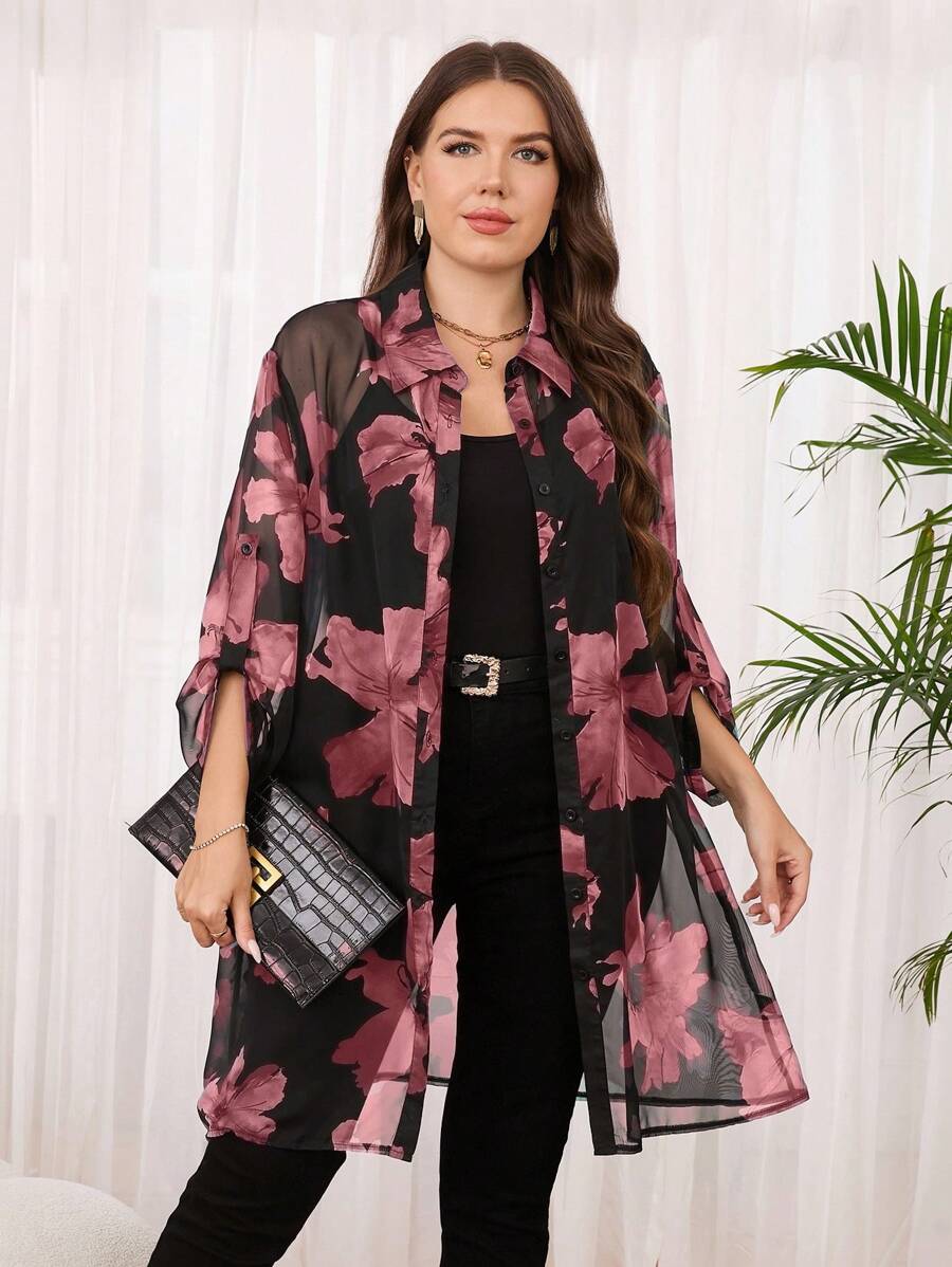 SHEIN Clasi 大码女式花卉印花荷叶边袖单排扣宽松长衬衫