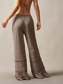Bohemela Bohemian Style Solid Color High Waist Flare Leg Knit Pants, Spring/Summer Ruffle Boho For Women Bell Bottom Tiered Pants,Fall Clothes - Brown - View 2