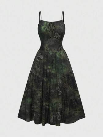 Fairycore Vintage Halloween Decaying Plant Texture All-Over Print Waist Cinched Long Dress, Autumn/Winter