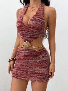 Sweetina Retro American Style Bodycon Sexy Pearl Chain Decor Midi Dress - Multicolor - View 1