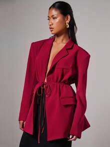 COSMINA Women's Elegant Waist Tie Thin Blazer Jacket, Autumn/Winter - Burgundy - View 5