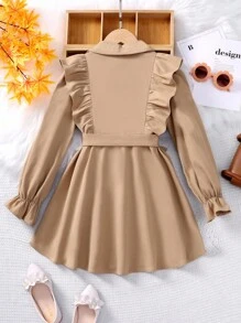 SHEIN Tween Girl Double Breasted Ruffle Trim Flare Sleeve Belted Trench Coat,In Fall/Winter