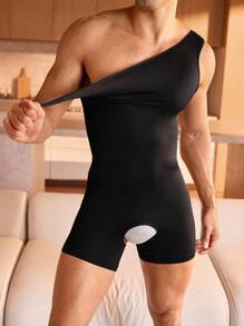 Men's Solid Color Crew Neck Jumpsuit With Shorts - Black - View 5