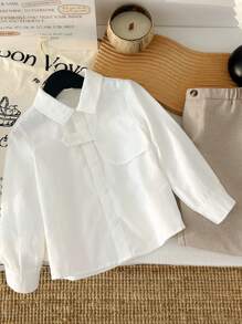 SHEIN Tween Boy Casual Solid Color Long Sleeve Shirt, Autumn - White - View 2