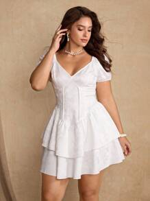 Roveilla 大码优雅彩色花卉印花荷叶边下摆连衣裙，夏季 - 杏色 - 查看 8