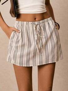 Poéselle 女式条纹抽绳腰口袋宽松休闲裤裙 - 黑色 - 查看 1