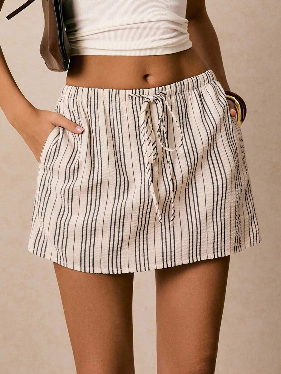 Poéselle 女式条纹抽绳腰口袋宽松休闲裤裙 - 黑色 - 查看 1