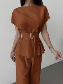 Firerie 春夏新款优雅杏色亚麻竹节领收腰纽扣衬衫和高腰直筒阔腿裤通勤套装、亚麻休闲套装、度假套装 - 鏽棕色 - 查看 4