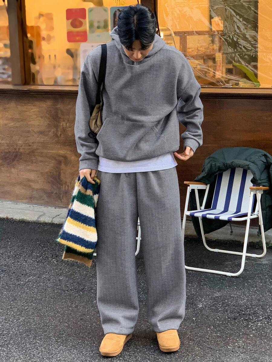 DAZY Men's Solid Gray Textured Fabric Hoodie Set, Autumn - Grey - View 1