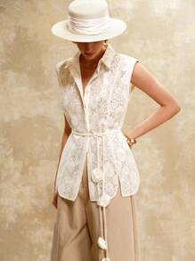 Aveloria Blusa sin mangas de estilo elegante y retro con flores tridimensionales de encaje hidrosoluble, de hombros anchos, al estilo del dinero antiguo para vacaciones - Albaricoque - Ver 6