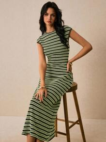 Poéselle Women's Striped Round Neck Dolman Sleeve Casual Dress, Striped Dress For Women,Work Dresses