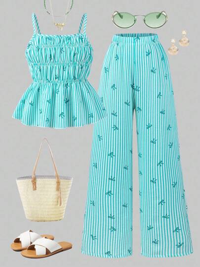 Sparklyn Girls Striped Bow Camisole Top And Straight Leg Pants Summer Vacation Outfit