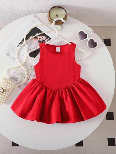 SHEIN Baby Mädchen Süßer rosa gestrickter ärmelloser Strampler für den Sommer Baby Rotes Kleid Baby Mädchen Rotes Kleid Rotes Babykleid Baby Rüschenkleid Baby Weihnachtskleid Baby Sommerkleid