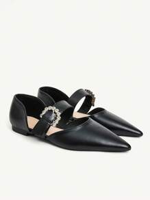 CUCCOO CHICEST Black Pointed Toe Rhinestone Buckle Elegant Commuting Versatile Women Flats - Black - View 2