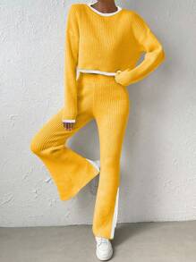 Chiquease 2pcs Contrast Trim Round Neck Long Sleeve Top And Split Hem Pants Knit Set Knitted Sweater Clothes For University - Mustard Yellow - View 7