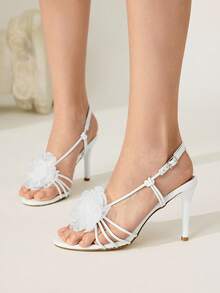 CUCCOO CHICEST 女士花卉系带交叉圆头细高跟凉鞋，优雅甜美浪漫性感白色仿皮正装鞋，适合婚礼、派对、海滩、度假 - 白色 - 查看 3