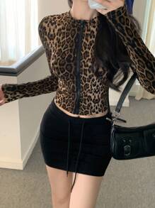DAZY Chaqueta corta ajustada con cremallera y estampado de leopardo para mujer, ropa de mujer de otoño - Marrón - Ver 6