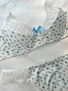 2pcs Set Romantic Floral Lace Patchwork Butterfly Decor 3/4 Cup Bra & Panty Set For Women - Blue and White - View 5