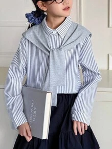 SHEIN Genkimix Kids Niña preadolescente con chal gris a juego con blusa a rayas bordada de manga larga, otoño/invierno - Gris - Ver 4
